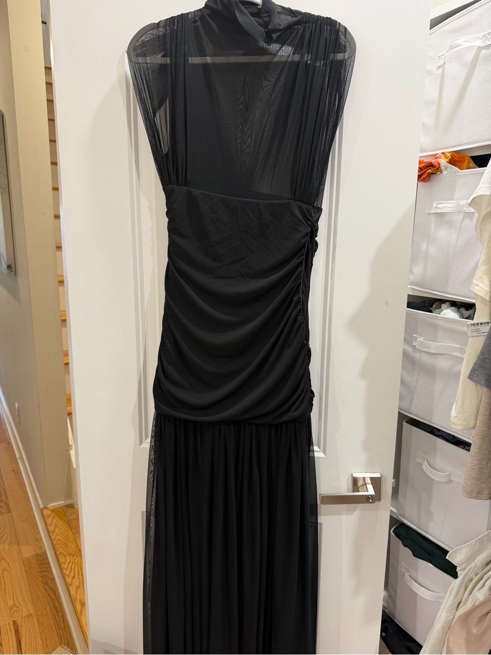 Zara Elegant Black Mesh Evening Dress - Sleeveless Ruched Bodice